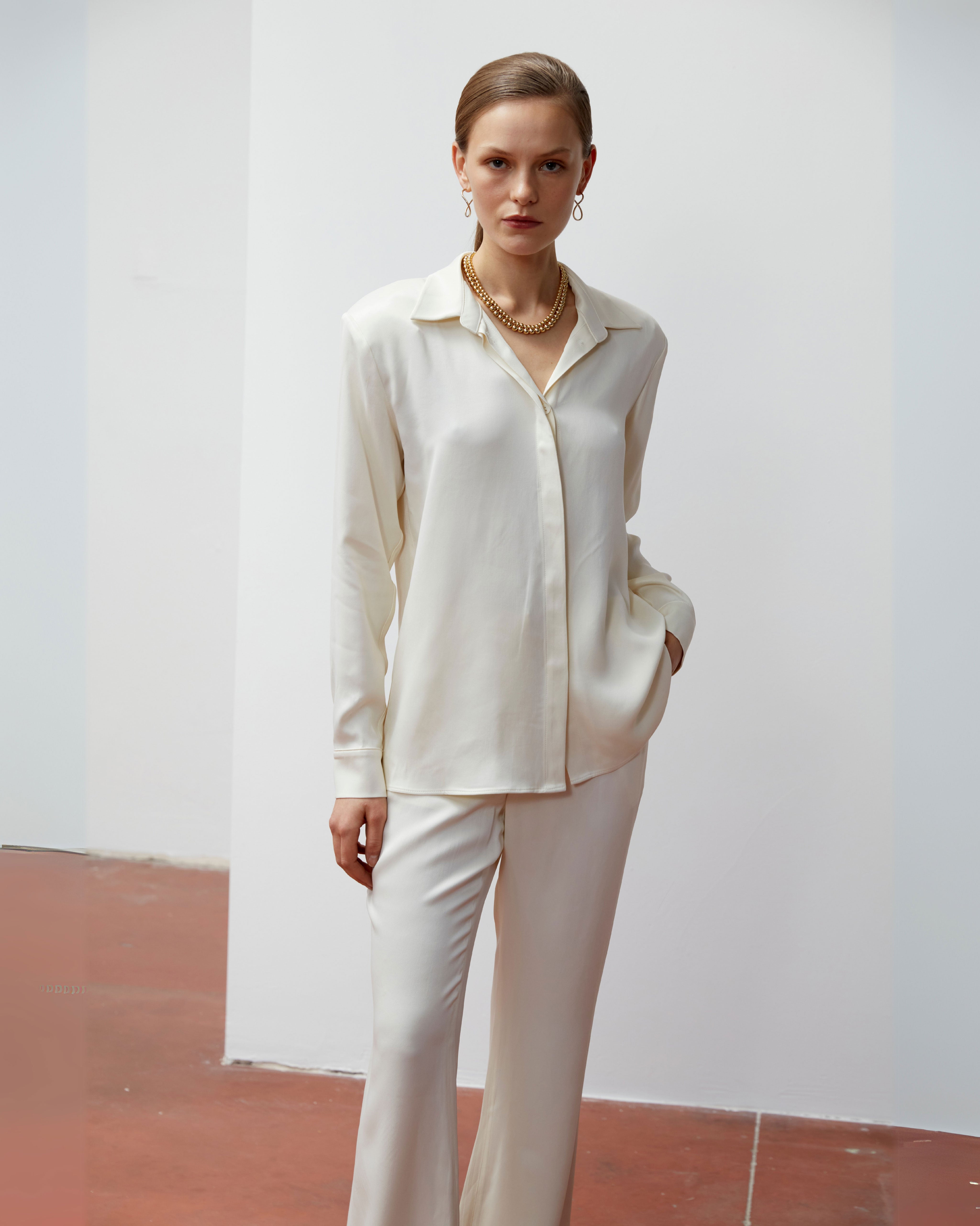 Flare Satin Trousers Ecru