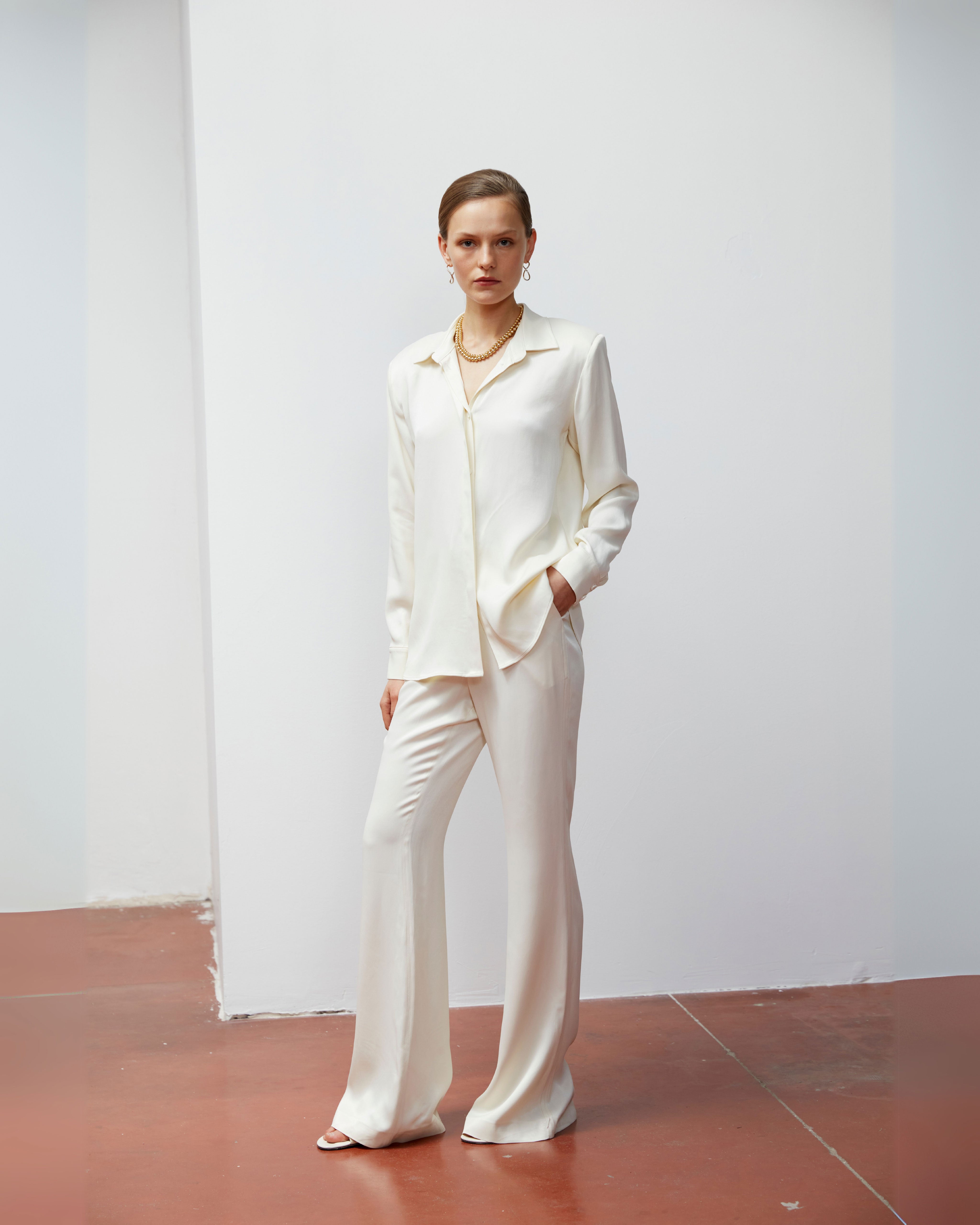 Flare Satin Trousers Ecru
