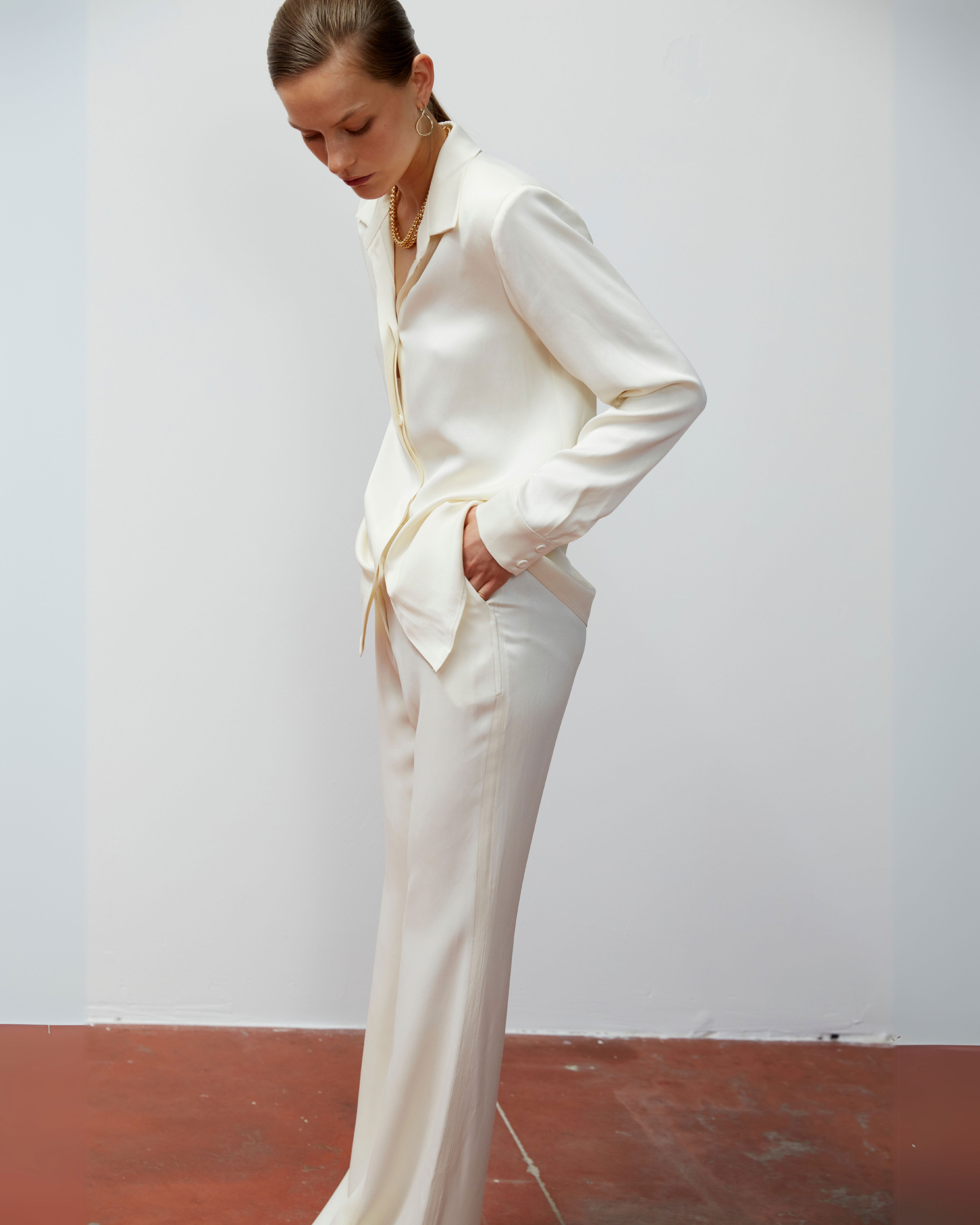 Flare Satin Trousers Ecru