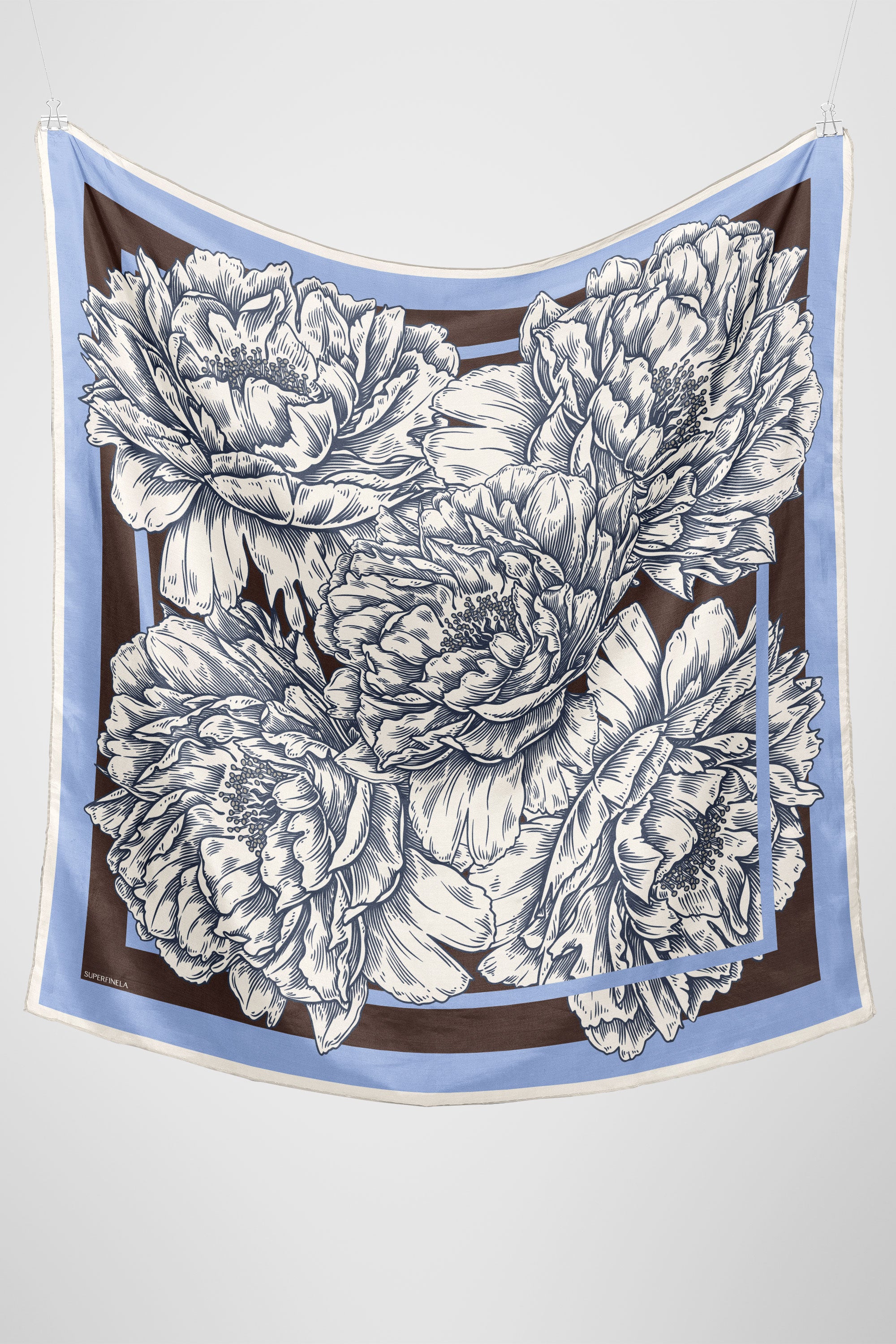 Blue Floral Patterned Silk Scarf